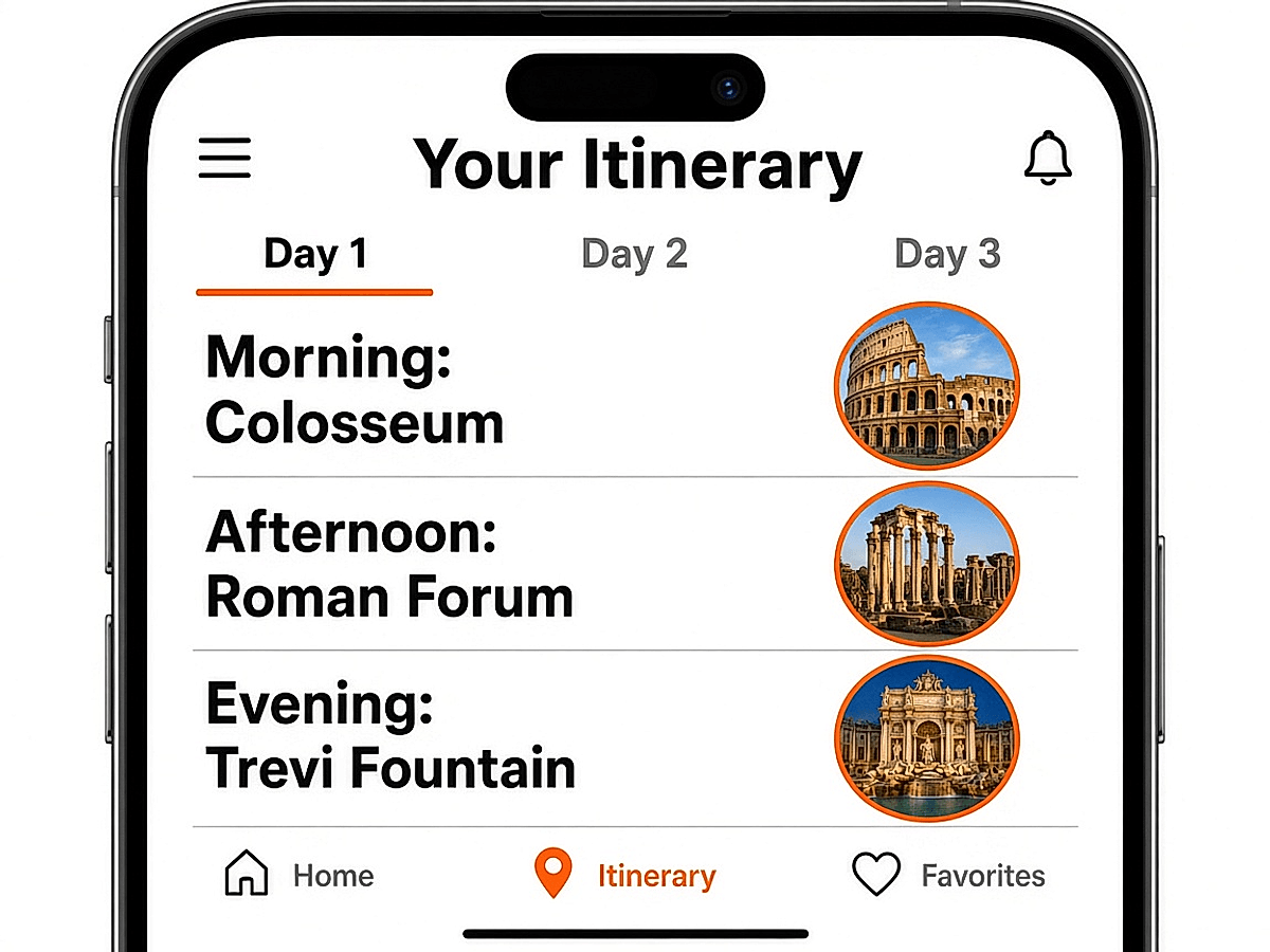 Mobile phone showing Rome trip itinerary timeline for Colosseum, Roman Forum, and Trevi Fountain